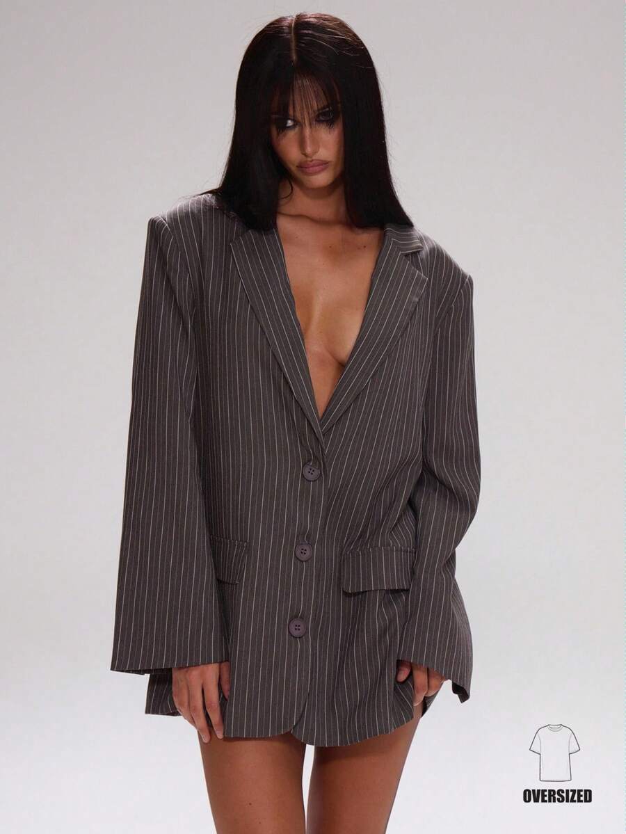 MUSERA Áo blazer kẻ sọc dáng rộng, vừa vặn, thích hợp cho giáo viên, đi học, phong cách thường ngày, đường phố, thể thao, công sở, chạy bộ, mùa đông, dự tiệc, thanh lịch, mùa xuân. - Xám - Xem 1