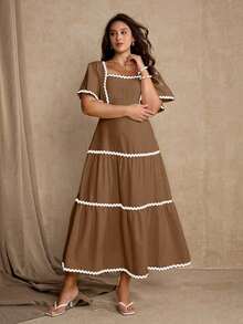 Roveilla Vestido casual de verano con parches, volantes y lazo para mujer de talla grande - Marrón - Ver 4