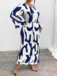 Elenzga 加大码女式几何印花褶皱喇叭袖长款优雅连衣裙，春夏长款女装 - 寶藍色 - 查看 5
