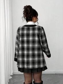 Elenzga Gothic Academia Check Detail Halloween Plus Size Coats Fall Winter Autumn - Black and White - View 3