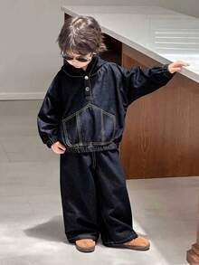 Dazy Kids طقم بنطلون جينز وجاكيت جينز فضفاض عادي لصبي صغير، موسم الخريف، 2 قطعة