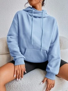 Flirla Women's Solid Color Casual Hooded Pocket Sweatshirts