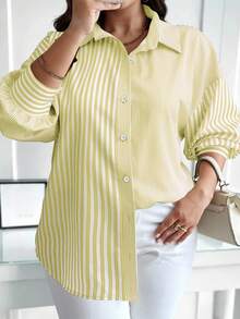 Calvaya Áo sơ mi tay dài cài nút kẻ sọc cỡ lớn, thích hợp mặc đi làm, mùa thu - Màu vàng - Xem 1