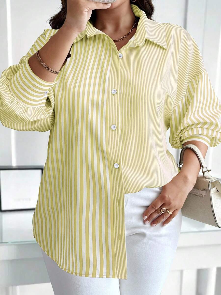 Calvaya Áo sơ mi tay dài cài nút kẻ sọc cỡ lớn, thích hợp mặc đi làm, mùa thu - Màu vàng - Xem 1