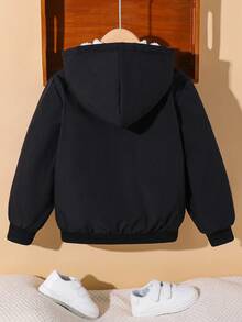 SHEIN 男童休闲舒适保暖连帽加厚外套，带口袋，黑色，白色内衬，秋冬季 - 黑色 - 查看 2