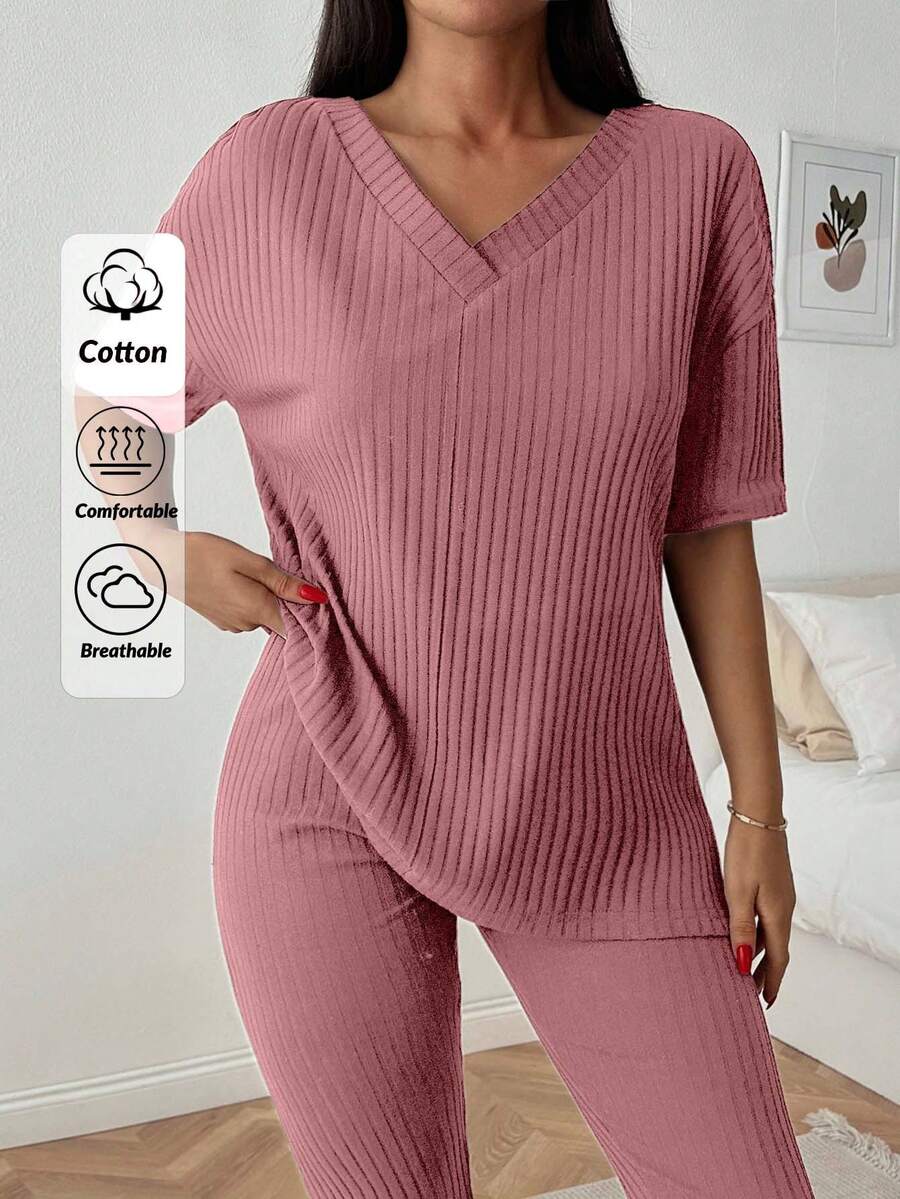 EURMUSE Women Cotton 2 Pcs V Neck Short Sleeve Homewear Lounge Set Lounge Dusty Pink Autumn Casual - Pink - View 1