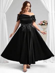 Coutiva Elegant Drop Shoulder Asymmetrical Collar With Applique Design And Wide Swing Satin Ball Gown, Suitable For Birthday Party, Graduation Ceremony, Wedding Guest, Back To School Party