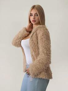 Sweetina 3D Rabbit Ear Faux Fur Jacket Autumn Winter Clothes For Women - Khaki - View 3