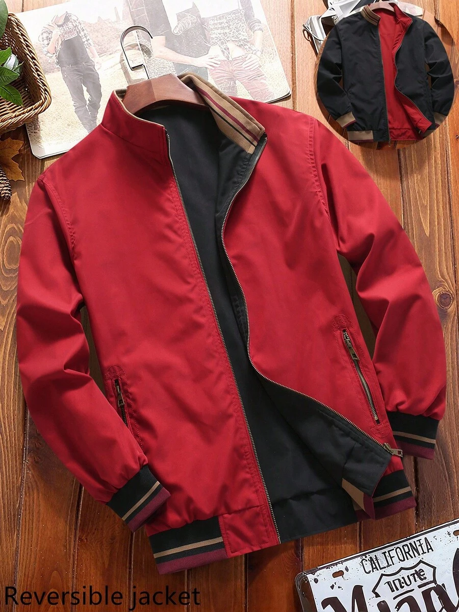 Manfinity Homme Men's Casual Versatile Daily Outdoor Windbreaker Long Sleeve Jacket, Autumn Men Casual Jacket Men Red Jacket Reversible Jacket Red And Black Jacket Men Bomber Jacket, Christmas Costumes - Burgundy - View 1