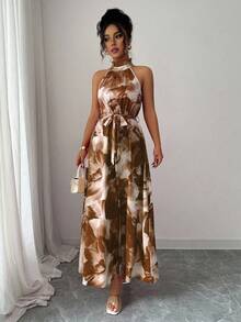 Elenzga Váy họa tiết hoa thanh lịch, phù hợp cho việc đi làm và đi nghỉ dưỡng trên đảo - màu nâu - Xem 4