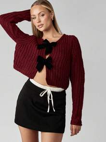 MISSGUIDED Suéter de punto grueso con abertura frontal y detalle de lazo para mujer, de manga larga, acogedor y con costillas, de moda para invierno y otoño, ideal para Navidad - Burdeos - Ver 1