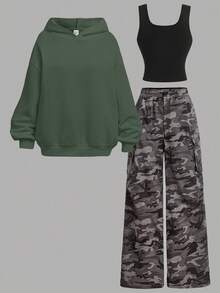 Girlism 少女三件套：橄榄绿色字母印花宽松连帽衫、黑色紧身吊带背心、橄榄绿色迷彩工装裤、休闲运动装 - 軍綠色 - 查看 2