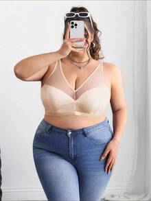 SHEIN CURVE+ Plus Size Solid Color Mesh Insert Wireless Curved Brasummer/Country/Beach Vacation Outfits/Beach Outfits/Beach Wear