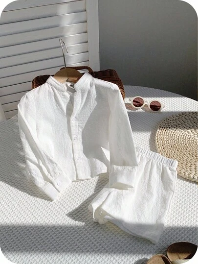 SHEIN 幼儿/婴儿 2 件宽松休闲立领编织纯色长袖衬衫和短裤套装，适合春季、夏季、户外、度假、日常穿着