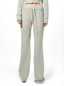 SUMWON WOMEN Waffle Knit Flare Pants With Drawstring Waist And Contrast Trim For Casual Loungewear - Grey - View 1