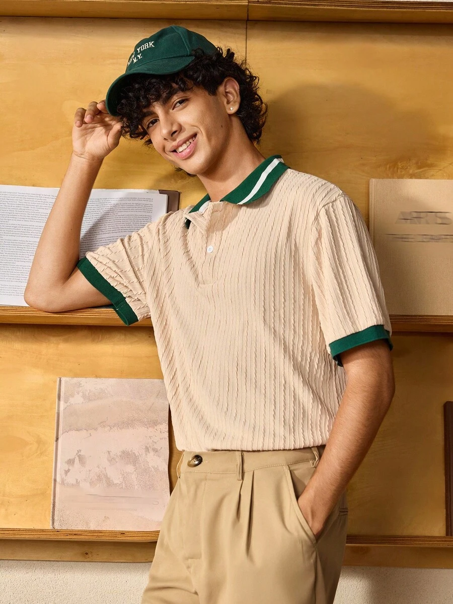 Open Phase STONE DISTRICT 男士休闲时尚 Polo 衫上衣，撞色罗纹柔软舒适亲肤面料基本款衬衫，优雅简约风格，学院风，秋季 - 杏色 - 查看 1