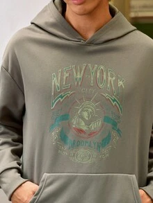 Open Phase STONE DISTRICT 男士字母和自由女神像印花口袋落肩连帽衫，学院风图案卫衣，街头服饰，适合秋冬春夏 - 深灰色 - 查看 6