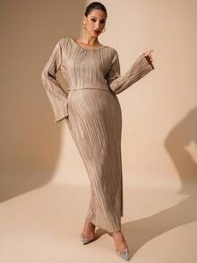 MaterniChic 2-częściowy, teksturowany komplet ciążowy z długim rękawem i okrągłym dekoltem oraz spódnicą - Wielbłąd - Zobacz 7
