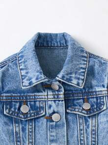 SHEIN 女婴蓝色牛仔翻领长袖短款外套，秋冬季休闲时尚度假装 - 深色水洗藍 - 查看 3
