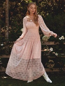 WESTFADE 褶饰方领长袖修身喇叭蕾丝长裙，秋季、冬季、纳什维尔演唱会服装，休闲、可爱、波西米亚风、西部风女装 - 淺粉色 - 查看 6