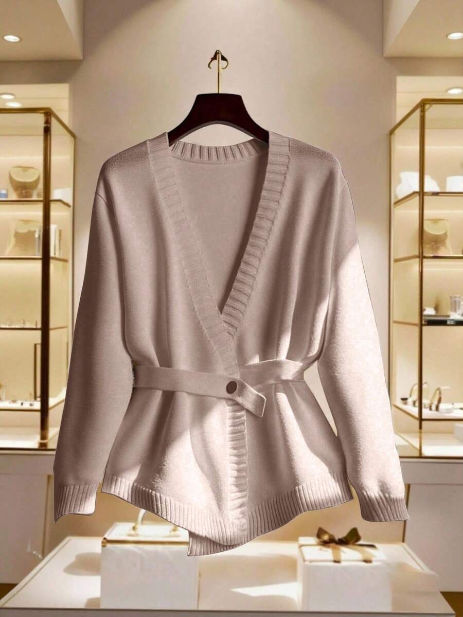 GlowEve CURVE Cárdigan de punto con diseño de cinturón, estilo francés elegante para mujer de talla grande - Caqui - Ver 1