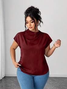 SHEIN LUNE Áo sơ mi vải poplin đen trơn thanh lịch cỡ lớn dành cho nữ, mùa xuân/hè - Màu Đỏ Sâu - Xem 3