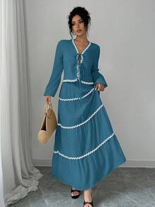 Rafferiza 2件套 法式优雅灯笼袖荷叶边蝴蝶结上衣和裙子 - 水鴨藍 - 查看 3