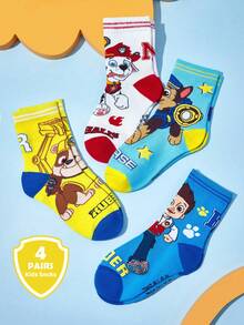 SHEIN | PAW Patrol 4 双棉质柔软透气吸湿排汗儿童男童中筒袜彩色可爱卡通中筒袜加固脚趾和脚跟，经久耐用男女通用适合男孩和女孩所有季节百搭学校和户外夏季冬季、狗、骑手、追逐、废墟 - 彩色 - 查看 9