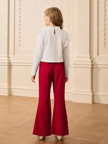 Conjunto de camiseta básica de manga larga de cuello redondo ajustada de unicolor y pantalones acampanados de cintura alta de unicolor, estilo casual minimalista, adecuado para volver al colegio, otoño - Burdeos - Ver 2
