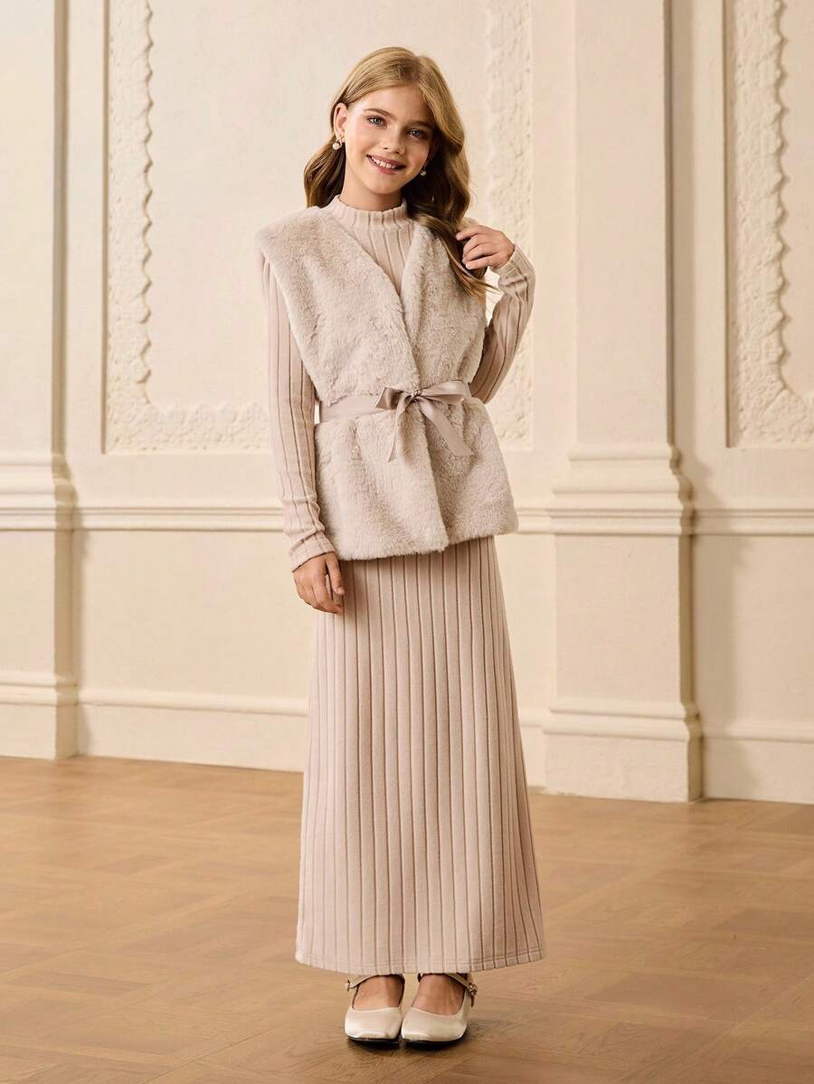 Girls Casual Minimalist Turtleneck Long Sleeve Solid Color Textured Fitted Maxi Dress With V-Neck Furry Vest And Matching Belt Set, Autumn/Winter - Apricot - View 1