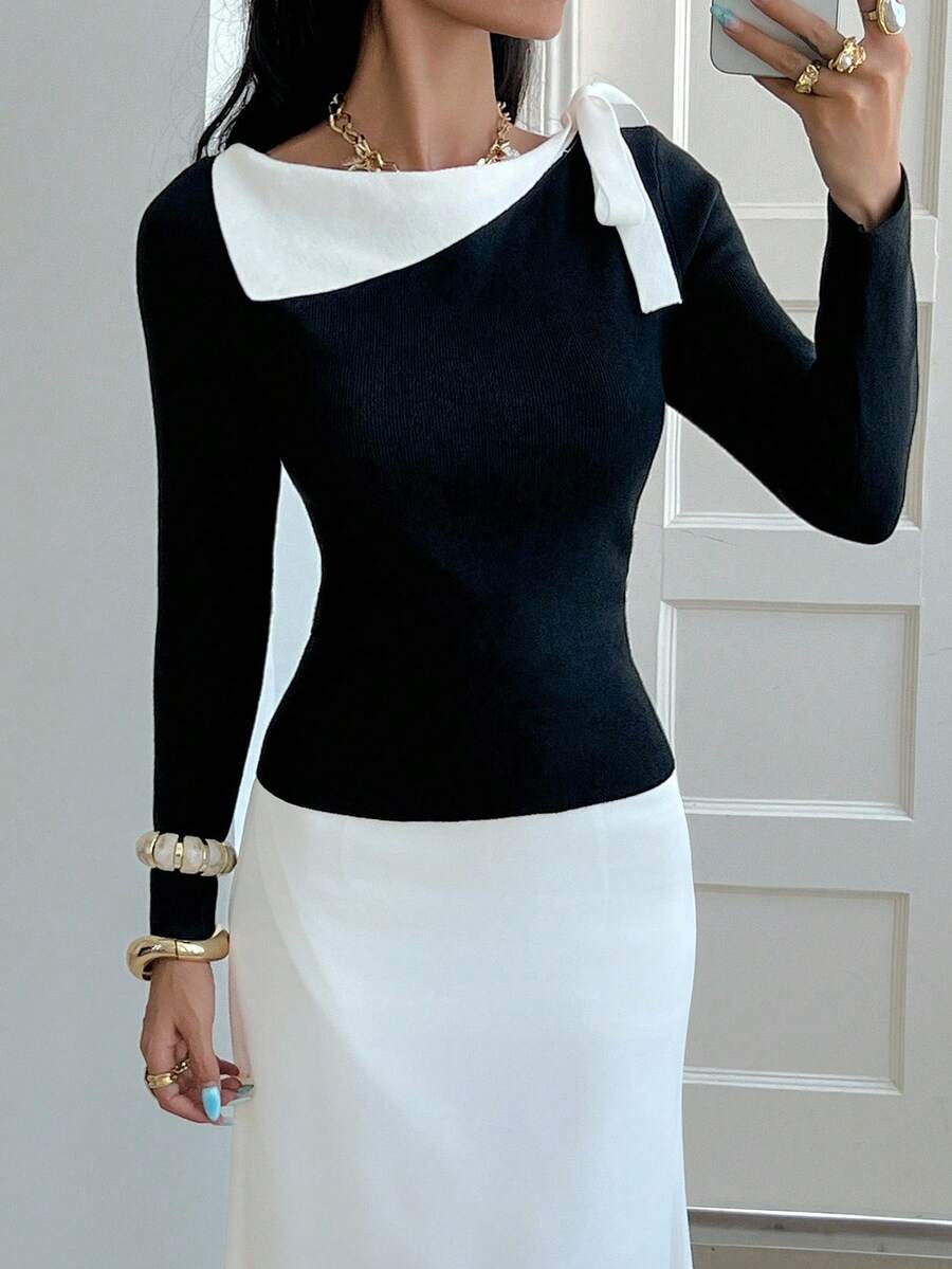 Chiquease 女士秋季撞色扭肩长袖修身时尚毛衣 - 黑色 - 查看 1