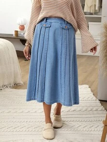 EMERY ROSE Women's Casual Washed Denim Skirt,New Romantic Pleated Denim Skirt For Autumn And Winter, Suitable For Dating And Daily Wear - Blue - View 4