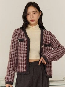 Dazy-Less Women's Elegant Plaid Cardigan Sweater, Casual Style, Autumn/Winter Business Casual Woman - Grey - View 5
