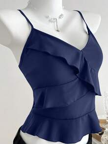 Elamini Parte superior de tirantes con volantes de unicolor casual de verano para mujer