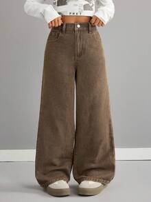 SHEIN Tween Girls' Casual Comfortable Loose Fit Wide Leg Brown Jeans Fall Winter,For Girls Fall/Winter Dailywear Costume,Girls Streetwear Outfits,Halloween Outfits,Christmas Outfits,Winter Jeans,Teen Jeans,Brown Pants,