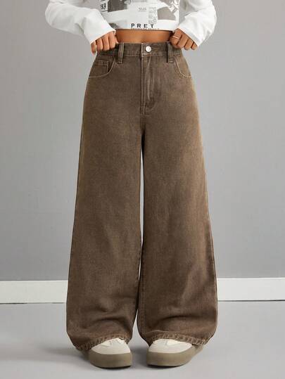 SHEIN Quần jeans ống rộng màu nâu, dáng suông, thoải mái, dành cho bé gái tuổi teen, thích hợp mặc hàng ngày vào mùa thu đông, đi chơi, hóa trang, Halloween, Giáng sinh, quần jeans mùa đông, quần jeans, quần màu nâu.