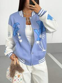 SHEIN Unity 字母圖案落肩袖雙色學院風夾克 - 藍色 - 查看 1