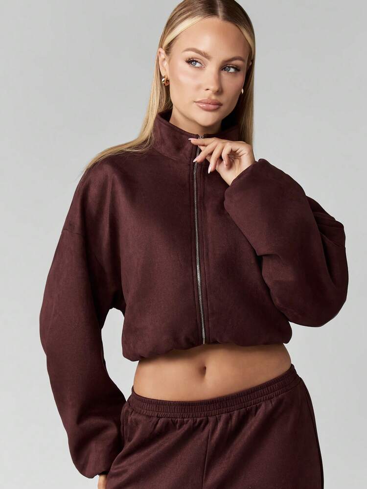 MISSGUIDED Women Suede Crop Jacket Brown Stand Collar Zipper Front Lightweight Outerwear Fall Winter Fashion Casual Streetwear High Neck Elastic Waist Christmas