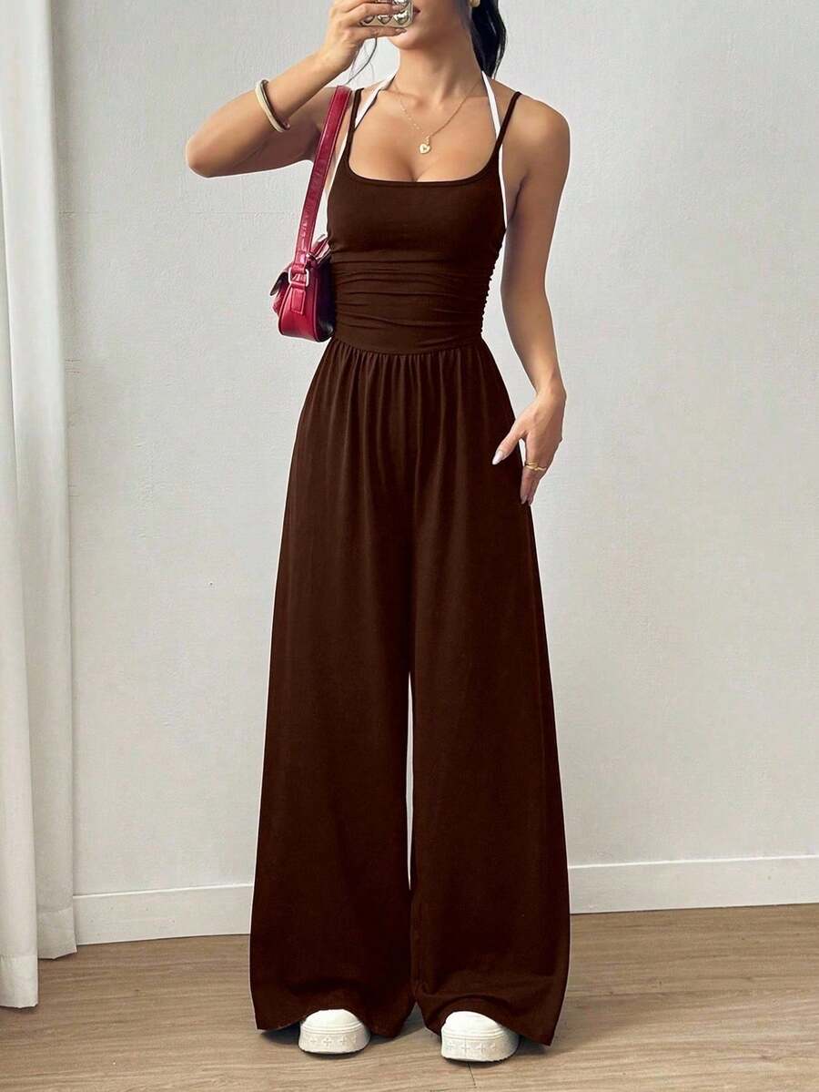 Flirla Women's Casual Pleated Loose Straight Leg Jumpsuit, Spring/Summer - Coffee Brown - View 1