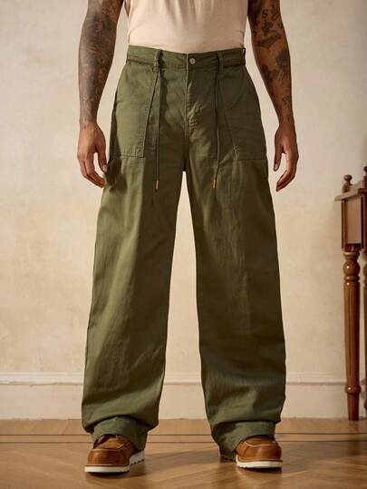 RivetRise Men's Casual Everyday Commute Simple Solid Color Drawstring Waist Slant Pocket Loose Wide Leg Jeans