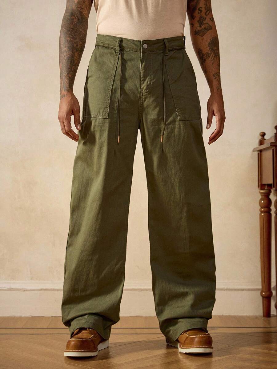 RivetRise Men's Casual Everyday Commute Simple Solid Color Drawstring Waist Slant Pocket Loose Wide Leg Jeans