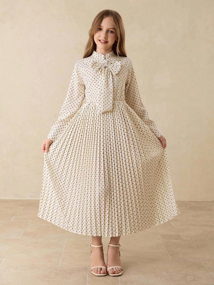 Váy Maxi Cạp Cao Họa Tiết Chấm Bi Thanh Lịch Cho Bé Gái Có Nơ Có Thể Tháo Rời, Thích Hợp Cho Các Sự Kiện Trở Lại Trường, Tốt Nghiệp, Tiệc Tùng, Giáng Sinh, Halloween - Màu be - Xem 1