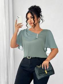 Elenzga Plus Size Asymmetrical Ruffle Collar Button Decor Short Sleeve Elegant Blouse - Green - View 6