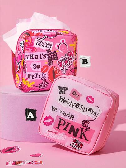 Mean Girls X SHEIN 1 pieza/Set Bolsa de almacenamiento de poliéster con estampado de patrones de dibujos animados, se puede usar como bolsa de higiene femenina, dispositivo digital, bolsa de almacenamiento de artículos pequeños, "Eso es tan genial, los miércoles usamos rosa"
