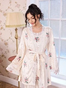 Elorette 3件套女士秋冬丝绒蕾丝浪漫玫瑰花卉吊带背心上衣+长裤+睡袍睡衣套装 - 彩色 - 查看 4