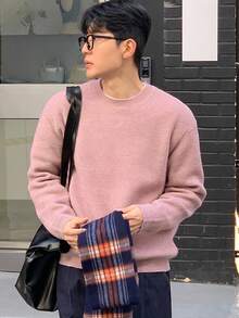 DAZY كنزة صوفية رجالية بياقة طاقم بلون توت عنبي، خريف/شتاء