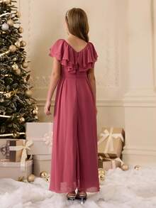 Girls' Layered Ruffle V-Neck Tie Bow Front Short Back Long Dress, Suitable For Flower Girl, Wedding, Prom, Birthday Party, Back To School, Graduation, Christmas, Halloween Fall Winter - Watermelon Pink - View 2