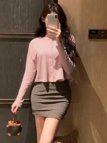 DAZY 女式纯色圆领休闲宽松开衫T恤，秋季女装长袖上衣 - 粉色 - 查看 5