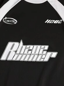 Manfinity Roghcode Plus Size Men's Letter Print Contrast Color Round Neck Raglan Long Sleeve Pullover Sweatshirt, Long Sleeve Jersey, Racing Sweatshirt - Multicolor - View 6