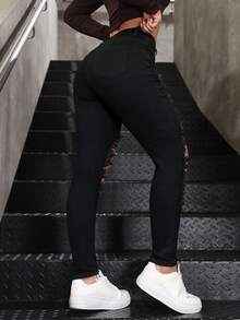 SHEIN ICON Women Plus Size Winter Distressed Black Denim Jeans - Black - View 2